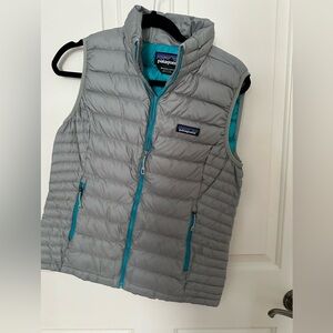Patagonia Light Gray Puffer Vest with Blue Trim